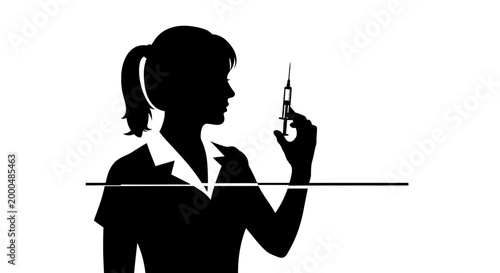 Silhouette of a medical professional holding a syringe.