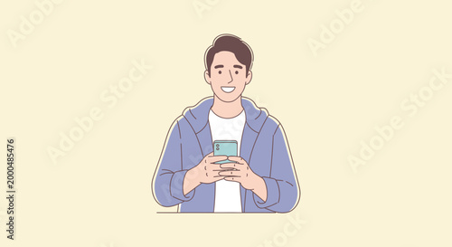 Young man using smartphone in flat vector illustration