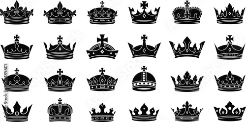Vector Set of Elegant Royal Crowns, Vintage Gold Crown Designs, Luxury King and Queen Crowns, and Ornate Jewelry
