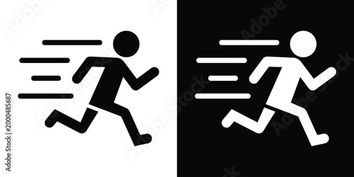 Icon of a person sprinting with motion lines indicating high speed. Symbolizes urgency, fast pace, intense athletics, or rapid movement. Professional black and white vector illustration for UI design.