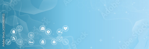 Medical health. Health care and medical background. Medical care service symbols, hospital, patient, medicine, pharmacy, nurse, prescription and medical report. Vector illustration.