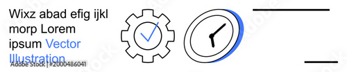 Business productivity, workflow optimization, process planning, corporate strategy, punctuality, efficiency. a gear with a check mark and a clock icon. Business productivity and workflow optimization