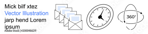 Business communication, productivity, digital workflow, email systems, time tracking, global concepts. multiple envelopes, a clock and a 360-degree symbol. Email systems and time tracking focus