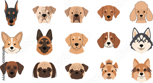 Vector Set of Cute Cartoon Dog Faces, Various Breeds Including Doberman, Poodle, Pug, Husky, and Beagle in Fun Illustrations