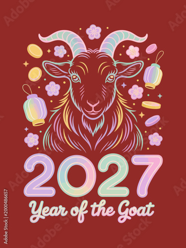 A vibrant design centered on a stylized goat head, surrounded by festive elements. The text '2027 Year of the Goat' is prominently displayed.