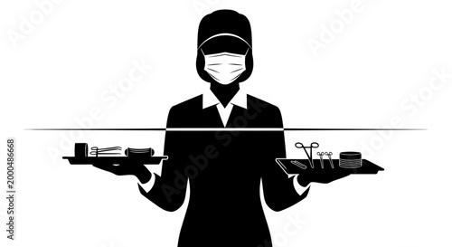 Silhouette of a masked medical professional holding trays of surgical instruments.