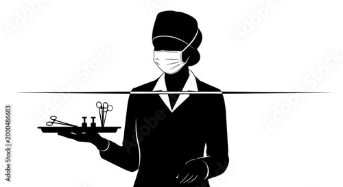 Black and white illustration of a nurse or surgeon holding medical instruments on a tray.