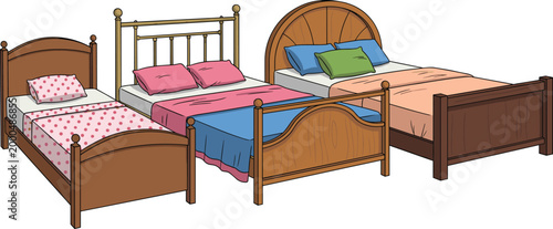 Bed Furniture Collection Featuring Wooden Beds with Pillows, Blankets, and Mattresses in Cozy Bedroom Style for Interior Design, Home Decor, and Sleep Concepts