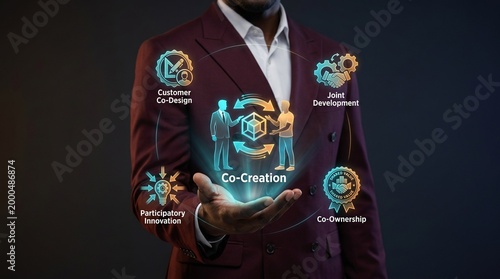 Businessman presenting co-creation concept with glowing icons