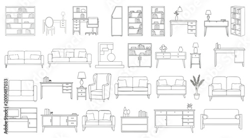 Collection of furniture line art sketches including sofas, desks, bookshelves, and cabinets