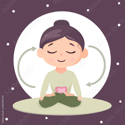 Vector illustration of happy healthy character meditating yoga relax sitting in lotus calm position symbolizing gut health and wellness artwork