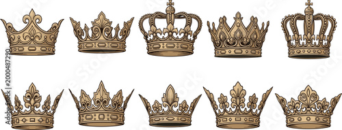 Vector Set of Elegant Royal Crowns, Vintage Gold Crown Designs, Luxury King and Queen Crowns, and Ornate Jewelry