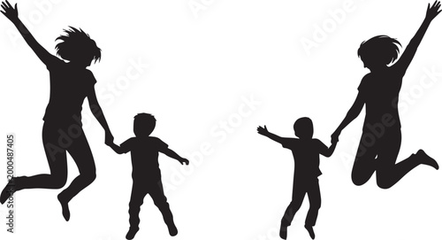 Black Silhouette Vector of a Mother and Young Child Jumping in the Air with Joy while Holding Hands Isolated on White