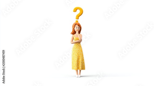 Pensive 3D woman in a yellow polka-dot dress under a floating question mark.