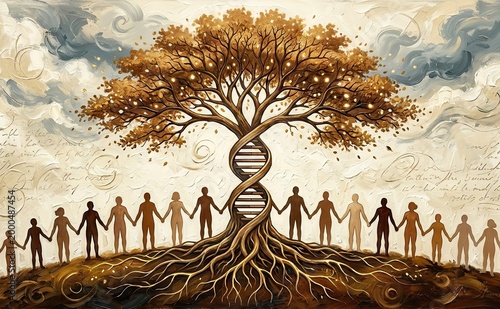 A conceptual illustration of a tree with a DNA helix trunk and human figures holding hands in a line representing ancestry and life