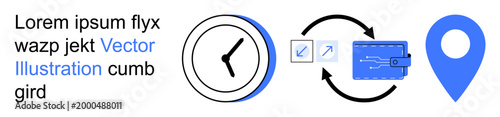 Time tracking, mobile payment, data transfer, navigation, planning, location tracking. Clock icon, wallet symbol and location marker in minimal style. Time tracking and mobile payment concepts