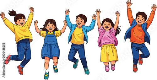 Happy Group of Kids Jumping and Celebrating in Colorful Outfits for Child and Youth Illustrations