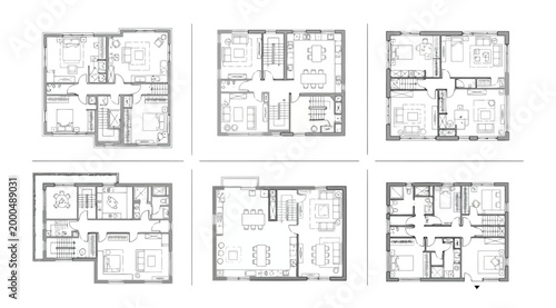 Collection of six different architectural floor plans for residential houses or apartments