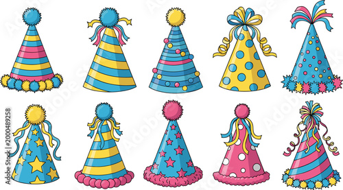 Colorful Party Hat Collection with Stripes, Polka Dots, Pom Poms, and Ribbons for Birthday and Celebration Illustrations