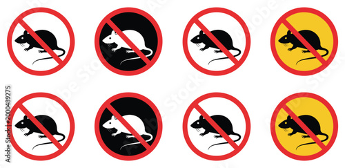 Prohibited rat icon vector illustration featuring a no rats allowed symbol, clean circular prohibition badge with crossed-out rat silhouette, suitable for pest control services, hygiene awareness
