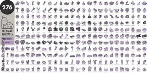 Food and beverages very big thin line icons set with color fill. Fruits, vegetables, nuts, sweets, cheese, dairy, meat, seafood, fast food, pastry, herbs, seeds, drinks, meals, vector illustration