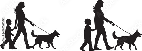Black Silhouette Vector of a Mother Walking her Dog on a Leash while Holding her Child's Hand Isolated on White