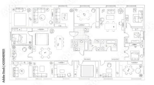 Detailed architectural floor plan of a large apartment or house with multiple rooms and furniture layout, top view line art