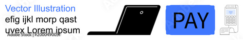 Digital payments, e-commerce, financial transactions, online shopping, contactless payments, fintech. laptop, pay button and payment terminal icon. Digital payments and e-commerce