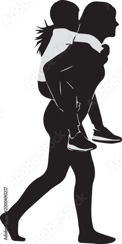 Foto Black and White Silhouette Vector of a Mother Giving her Young Daughter a Piggyb