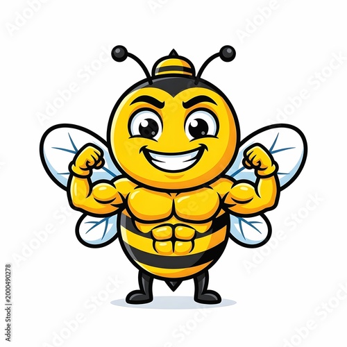 Powerful Muscular Bumblebee Character Flexing Biceps Mascot