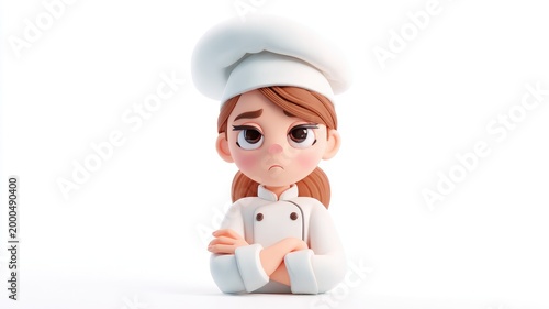 Sad Cartoon Chef: Expressive 3D Render with Crossed Arms, White Background.