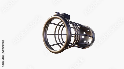 A 3d rendering of a metal chastity cage rotates smoothly and continuously around its Z-axis, revealing all sides and complex details.