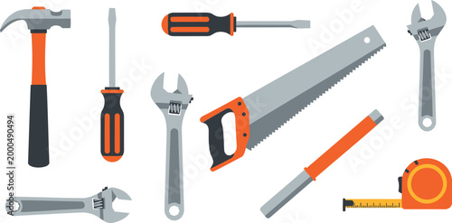 Vector set of 9 construction tools, hardware icons, orange and gray equipment, DIY repair kit