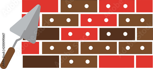 Brick wall, masonry background, trowel tool, construction texture, red and brown bricks