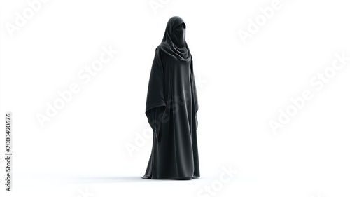 Sculptural Black Niqab Figure Standing Alone in a White Void