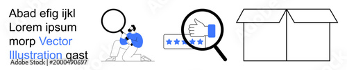 Quality assurance, customer feedback, inspection, packaging, rating systems, product reviews. A person examining with a magnifying glass, stars indicating ratings a cardboard box. Quality assurance