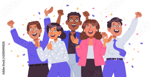 Cheerful business people celebrating. Teamwork, success, victory, and positive emotions. Flat vector illustration