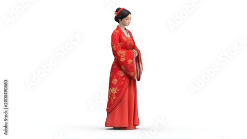 Serene Chinese Woman in an Ornate Red and Gold Hanfu, a Full-Length 3D Render.
