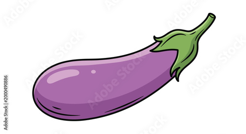 Single glossy purple eggplant with a green stem, showcasing a fresh and versatile vegetable widely used in Mediterranean and Asian cuisines.