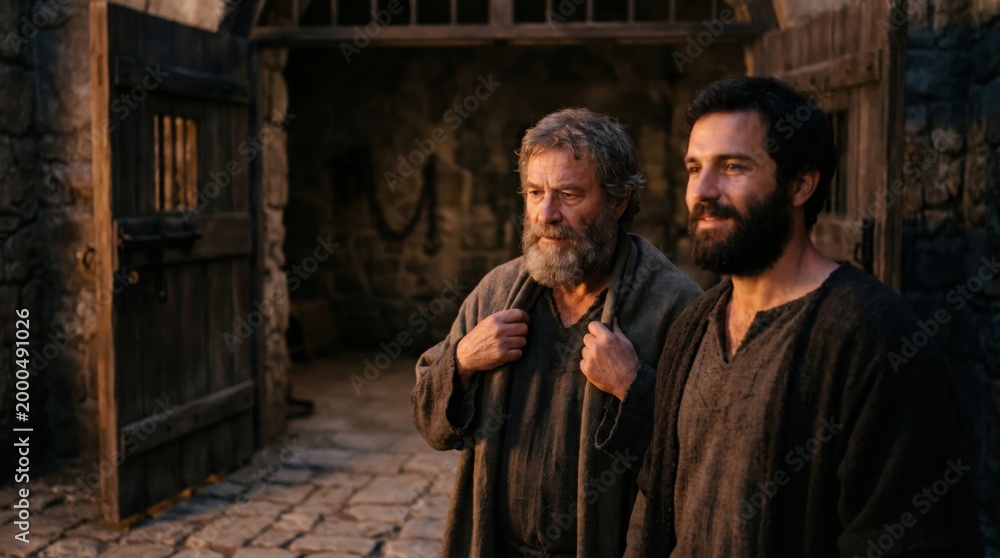 Fototapeta premium Two apostles released from prison by an angel in the book of Acts. Biblical scene of disciples escaping the dungeon. Historical religious narrative of faith and divine intervention.