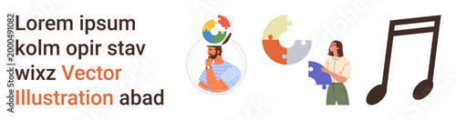 Creativity, education, problem solving, communication, self-expression, brainstorming. Puzzle pieces, music note text diverse individuals contemplating and working. Creativity and problem solving