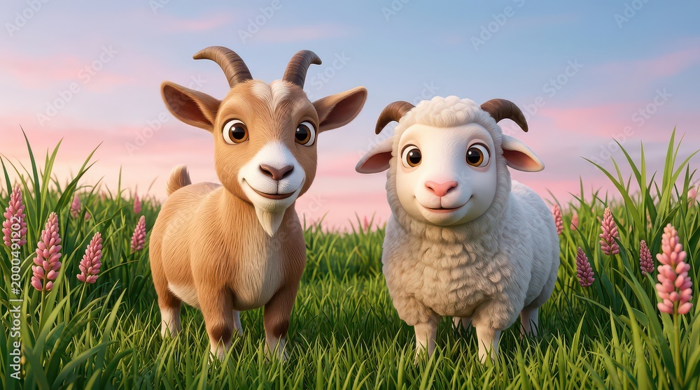 Fototapeta premium Cute goat and sheep standing together in lush green meadow at sunrise with soft pink sky