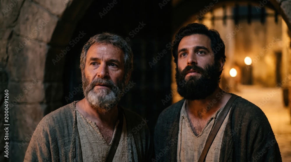 Naklejka premium Two apostles standing inside dark prison cell. Biblical scene depicting followers of Jesus Christ liberated by angel. Historical religious reenactment based on Acts of the Apostles chapter five.