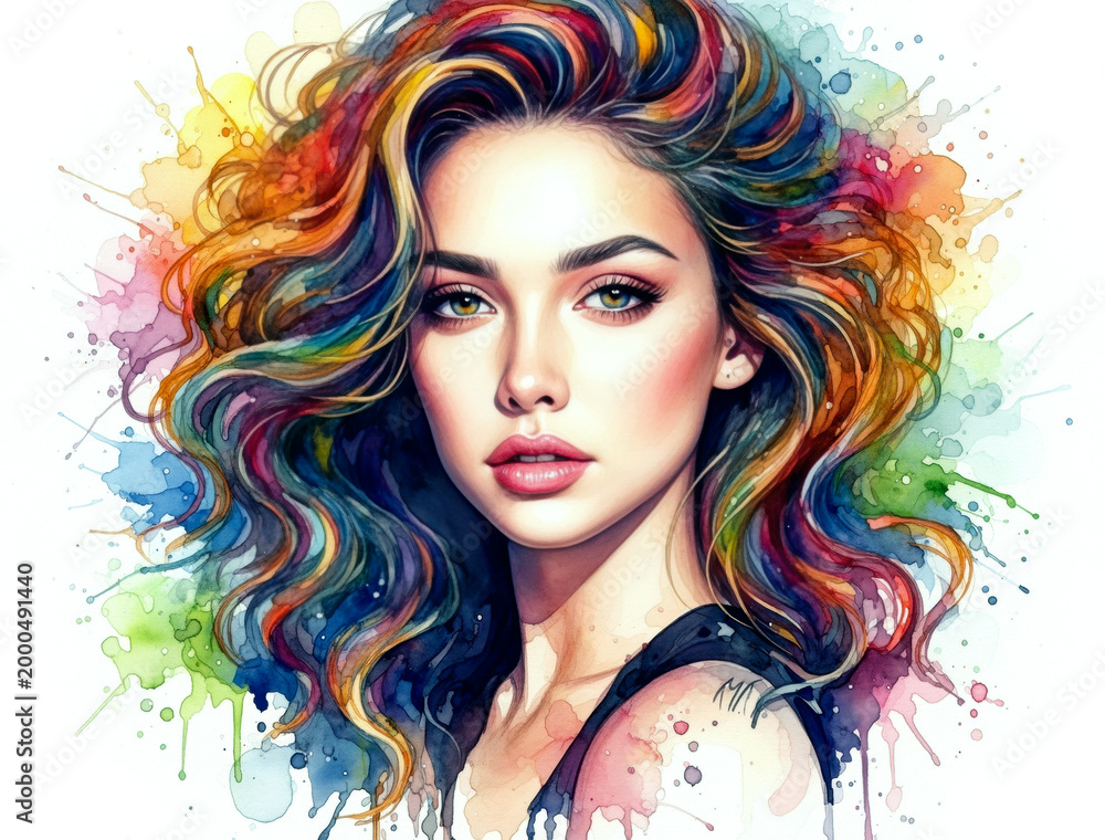Fototapeta premium Vibrant Watercolor Portrait of a Young Woman with Rainbow Hair