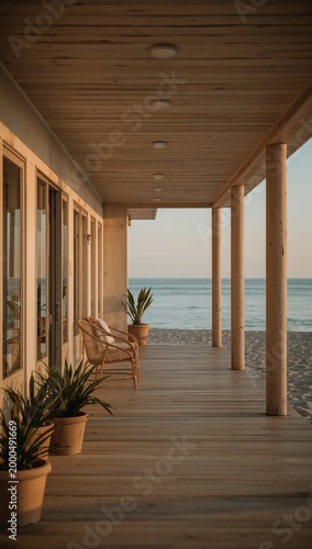 Minimalist wooden patio deck with potted plants and ocean view in warm golden hour glow. Modern beach house overlooking the ocean during sunset.