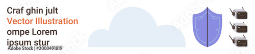 Data protection, cloud computing, cybersecurity, storage solutions, secure communication, network protection. Blue shield, cloud icon and three connected devices. Data protection and cloud computing