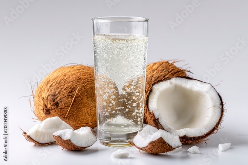 Coconut water in glass with coconuts.
