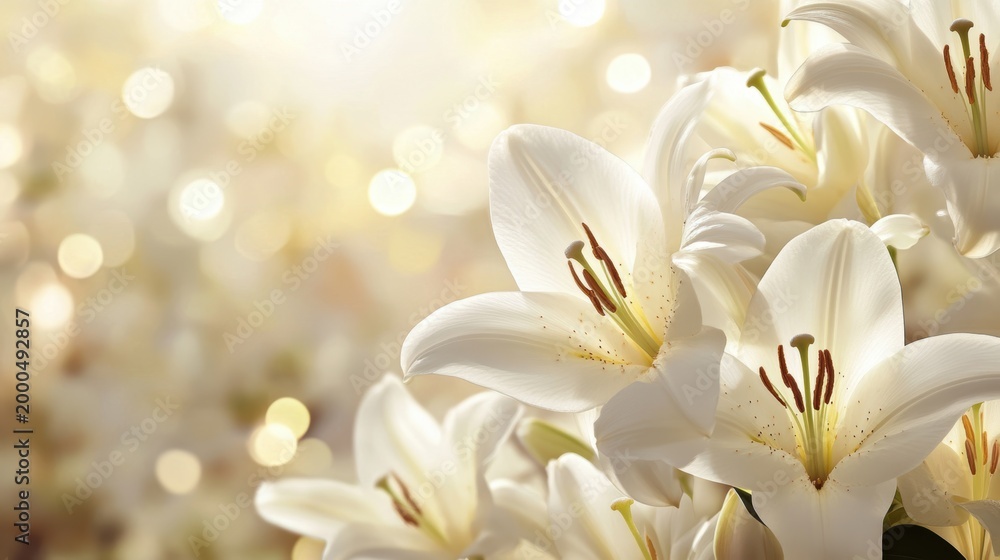 Obraz premium 白いユリの花のクローズアップ。暖かく輝くボケの背景。純粋さと優雅さを表現する植物。コピースペース