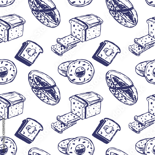 Pattern hand drawn line art illustration flat various bakery products like sourdough bread, toast with hearts, and donuts. Colorful flat illustration background for kitchen textile, cafe menu, bakery