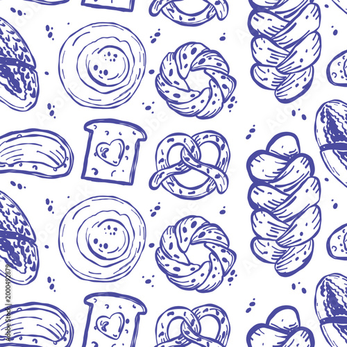 Pattern hand drawn line art illustration flat of bakery products like pretzels, challah bread, and toast with hearts. Trendy food background for kitchen textile, cafe menu, or wrapping paper.